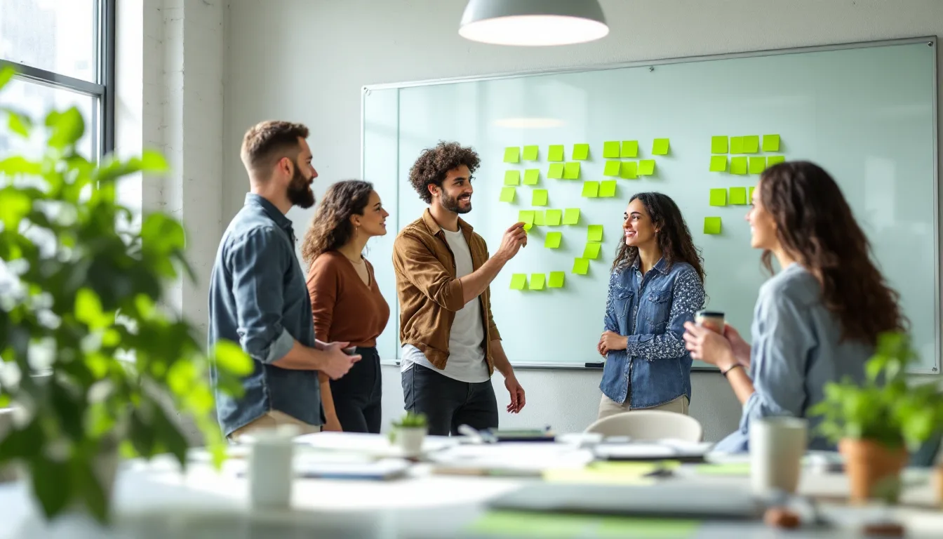 A product team reviewing architecture on a whiteboard in a bright office